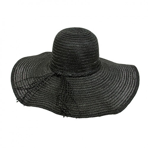 Straw Wide Brim Hat - w/ Multi-String Bow - Black - HT-SHA50203BK